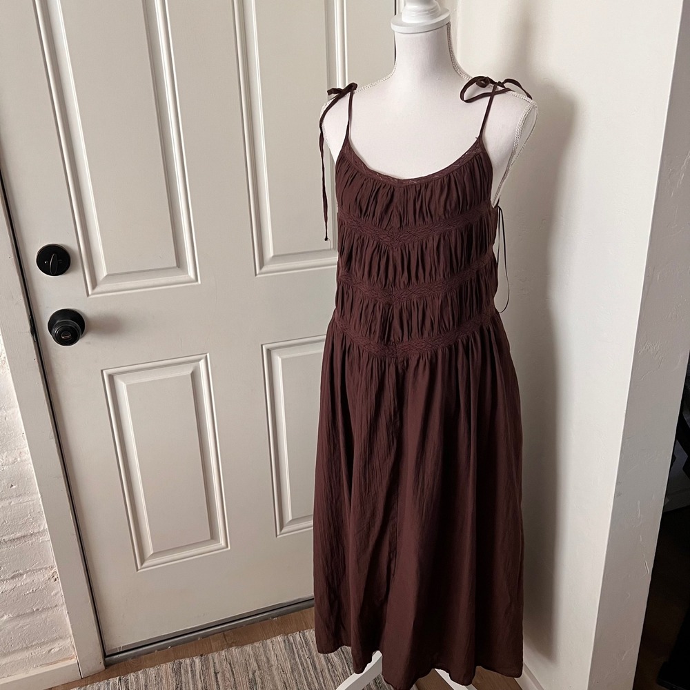 Storia Brown Smocked Lace Trim Tie Strap Midi Dress JD7783TJ Medium